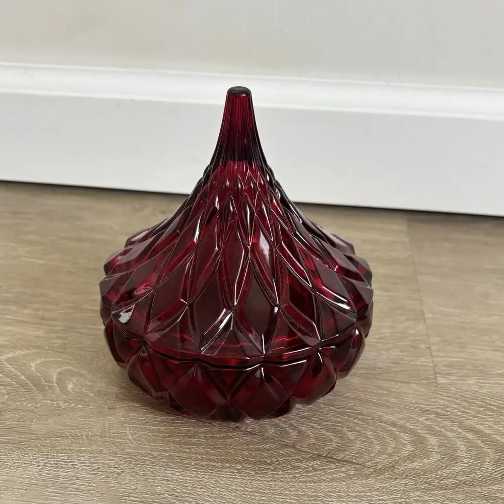 Hershey's Kisses Ruby Red Flash Pressed Glass Candy Dish w/ Lid Diamond Point